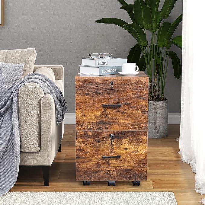 VINGLI 2-Drawer Small Rolling File Cabinet with Lock, Wood Filing Cabinet for Hanging Letter Size Filings with Tabs, Mobile Under Desk File Cabinets for Home Office, Rustic Brown & Black, 27.2" H