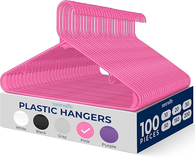 SereneLife 100-Pack Plastic Clothes Hangers – Slim, Non-Slip, Heavy Duty Shirt & Coat Hangers with 360° Swivel Hooks – Lightweight Space-Saving Design for Closet Organization – Pink