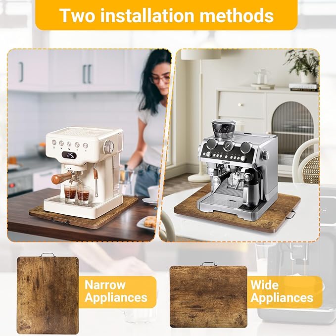360° Rotatable Sliding Tray for Kitchen Appliances, Wooden Sliding Tray for Coffee Maker, Coffee Pot Slides for Countertop Installation, Easy to Slide (Brown, Small)
