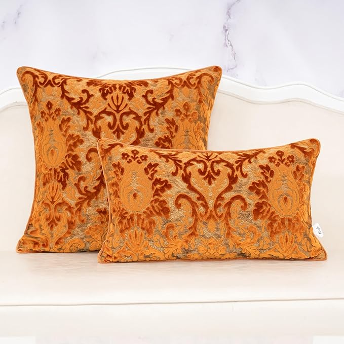 Alerfa Boho Orange Floral Throw Pillow Cover 18x18 Inch Cut Velvet Sqaure Luxury Embroidered Decorative Pillow Cover for Couch Living Room Bedroom
