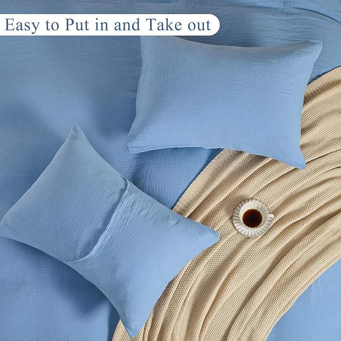 MEISHANG Muslin Duvet Cover King Size - 100% Organic Cotton, Soft Textured Gauze Weave Comforter Cover for Breathable All-Season with Zipper Closure - 3 Piece Set (King, Smoky Blue)