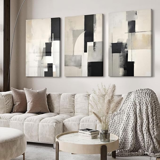 3Pcs Framed Neutral Abstract Canvas Wall Art Floral Pictures Modern Minimalist Posters Prints Beige Black Flower Wall Decoration for Living Room Bedroom Bathroom Office 12x16in