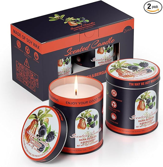 Premium Dark Berries & Bergamot Soy Wax Scented Candle Set - 9oz x 2 Pack, 80-Hour Burn Time, 8% Essential Oils for Aromatherapy Tin Jar Candle, Smoke-Free Relaxation,Yoga & Spa Gifts for Women/Men