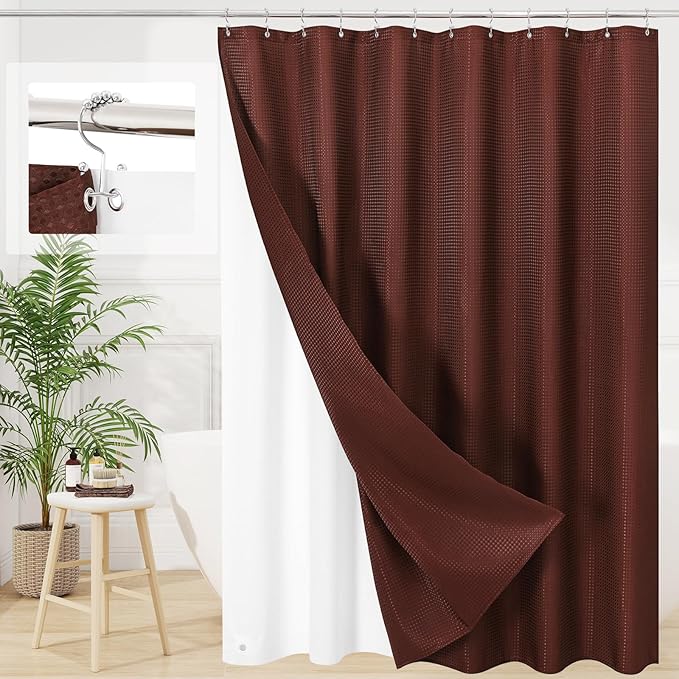 3 in 1 Shower Curtain Set, Brown Waffle Shower Curtain and PEVA Liner Set with 12 Stainless Steel Shower Curtain Hooks, Waterproof Fabric Shower Curtains for Bathroom, 72 W x 72 H