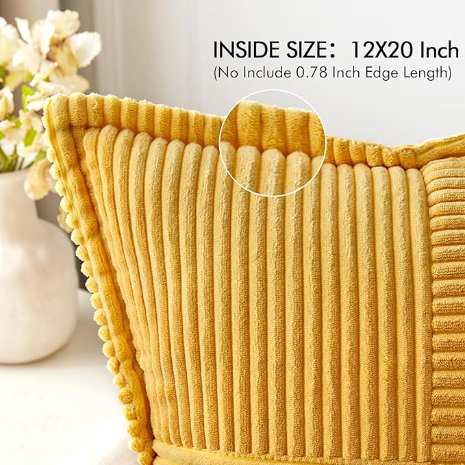 MIULEE Golden Yellow Corduroy Lumbar Pillow Covers 12x20 Inch 12x20 Inch with Splicing Set of 2 Soft Boho Pillow Covers Broadside Decorative Textured Summer Pillowcases for Couch Bed Livingroom