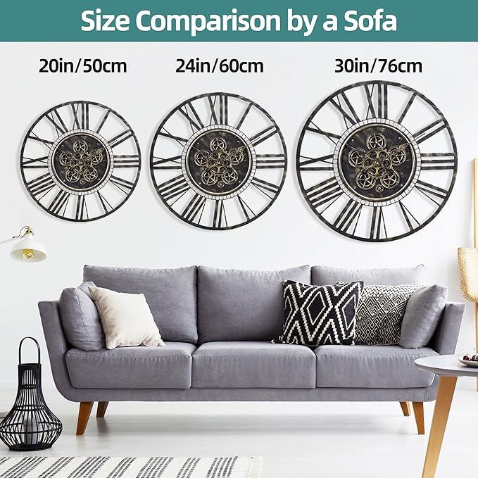 Moving Gear Large Wall Clock 30inch/76cm Bronze, Decorative Wall Clocks for Living Room, Unique Farmhouse Steampunk Metal Wall Clock Decor, Office Wall Clocks