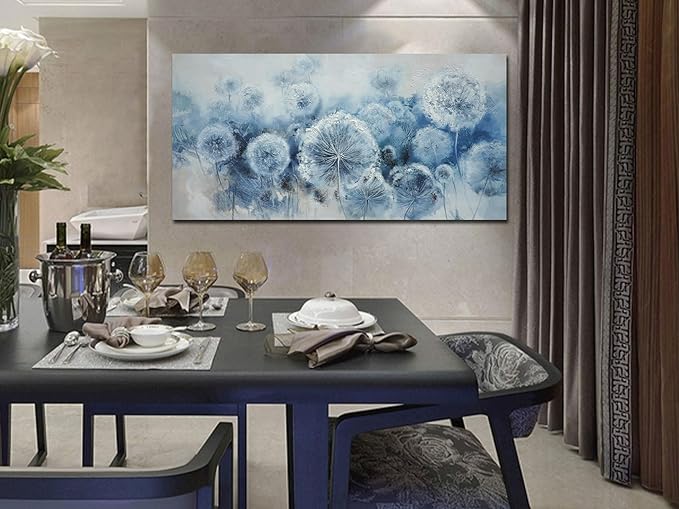 Arjun Flower Wall Art Indigo Blue Dandelion Floral Canvas Painting Watercolor White Textured Modern Artwork Large Framed for Living Room Bedroom Dinning Room Bathroom Home Office Wall Decor, 48"x24"