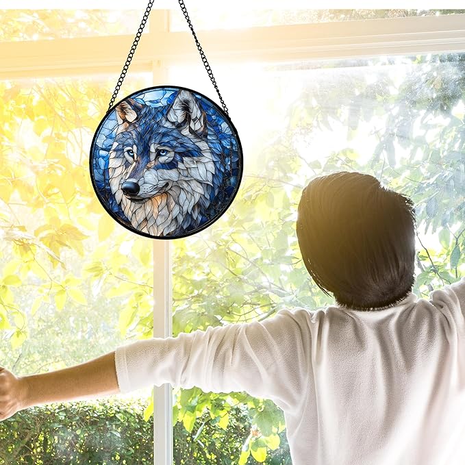 Stained Glass Window Hanging - Funny Wolf Suncatcher Ready to Hang Window Doors Home Decoration and Christmas, Mother's Day Birthday Gifts for Women, Men, and Mom 6.3x6.3 in