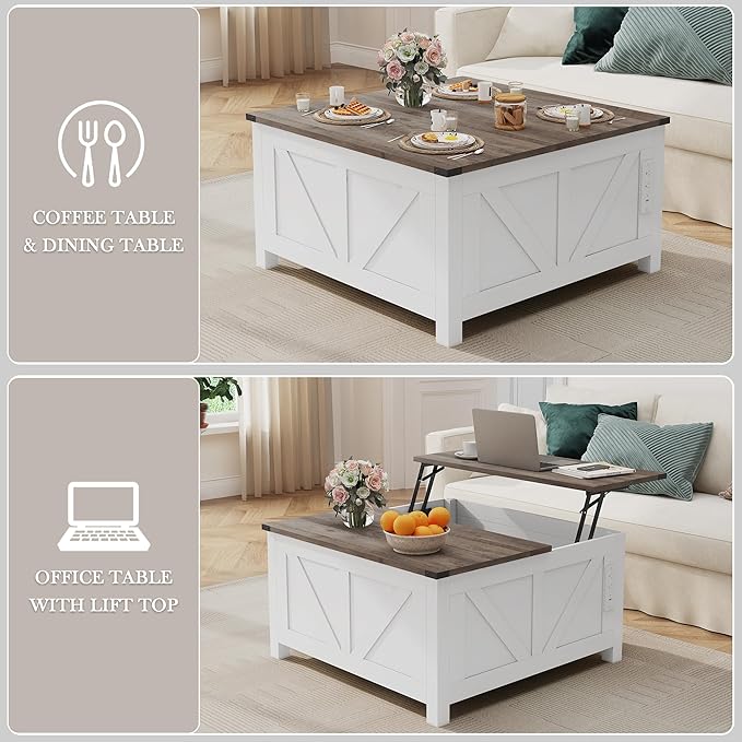 Farmhouse Coffee Table with Lifting Top with Hidden Storage Organizer, Square Lift top Coffee Table for Living Room with Charging Station&USB Ports, 35" Wood Storage Table Set for Home, Office-Grey