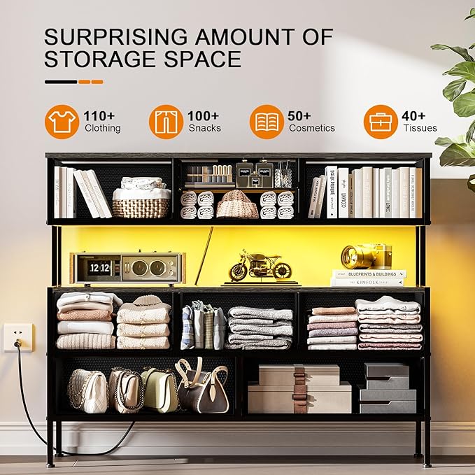 REAHOME Dresser TV Stand with Charging Station and LED Lights, 55” TV Stand Entertainment Center with 9 Drawers, Steel Frame, Large Storage Chest of Drawers for Bedroom, Living Room, Rustic Brown