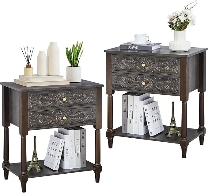 Nightstand, Farmhouse Bedside Table with 2 Drawers and Open Shelf, Wood Sofa Side Table End Table Accent Dresser for Bedroom, Living Room (with Shelf, Grey)