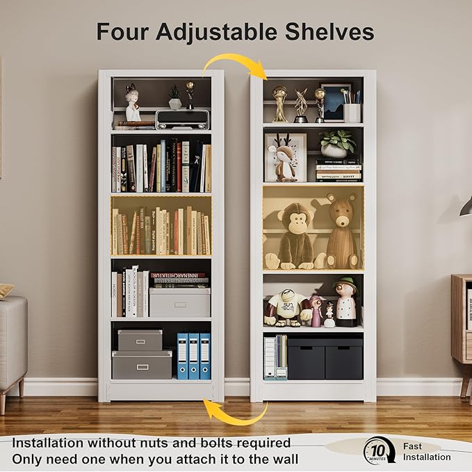 Book Shelf,5-Tier White Bookshelf, Office Bookcases and Bookshelves,Tall Metal Storage Organizer,Freestanding Bookshelf for Library,Living Room,Home Office (W:27.6")