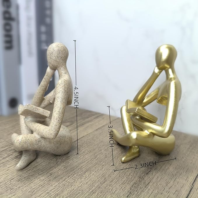Reading Sculpture Thinker Statue 4.5”- Modern Abstract Art Figurine for Bookshelf & Coffee Table Decor, Aesthetic Home Accents for Living Room, Office Shelves, Desks, and Knick Knack Displays (Grey)