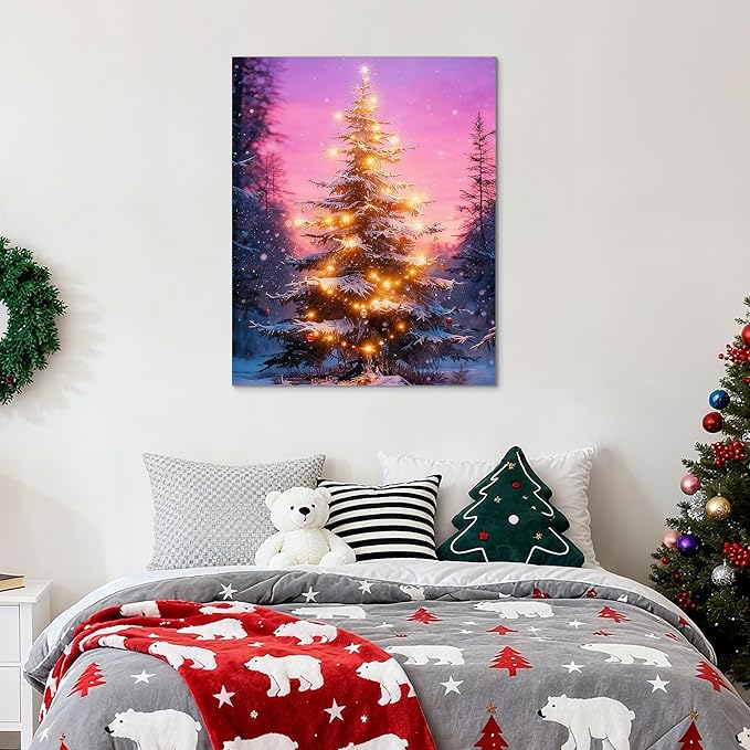 Framed Christmas Pictures Wall Decor,Vintage Pine Tree Prints,Winter Christmas Canvas Wall Art Decoration for Bedroom Bathroom Living Room Rustic Xmas Holiday Gifts (Christmas Tree 18, 16'' X 20'')