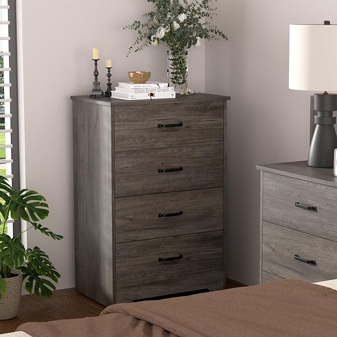Farmhouse 4 Drawer Dresser, Small Wooden Chest of Drawers Classic White Dresser for Bedroom Living Room Entryway (Dark Gray, 4 Drawer)