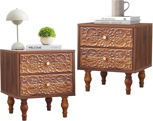 Nightstand, Farmhouse Bedside Table with 2 Drawers and Metal Handles, Wood Sofa Side Table End Table Accent Dresser for Bedroom, Living Room (Walnut-2 Packs)