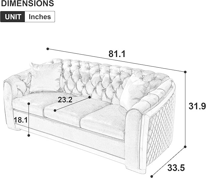 KEIKI 81" Luxury Oversized Velvet Chesterfield Sofa with Gold Stainless Decoration, Mid-Century Style 3-Seater Couch with Tufted Back and Rolled Arms, Easy Assembly, for Apartment, Living Room, Blue