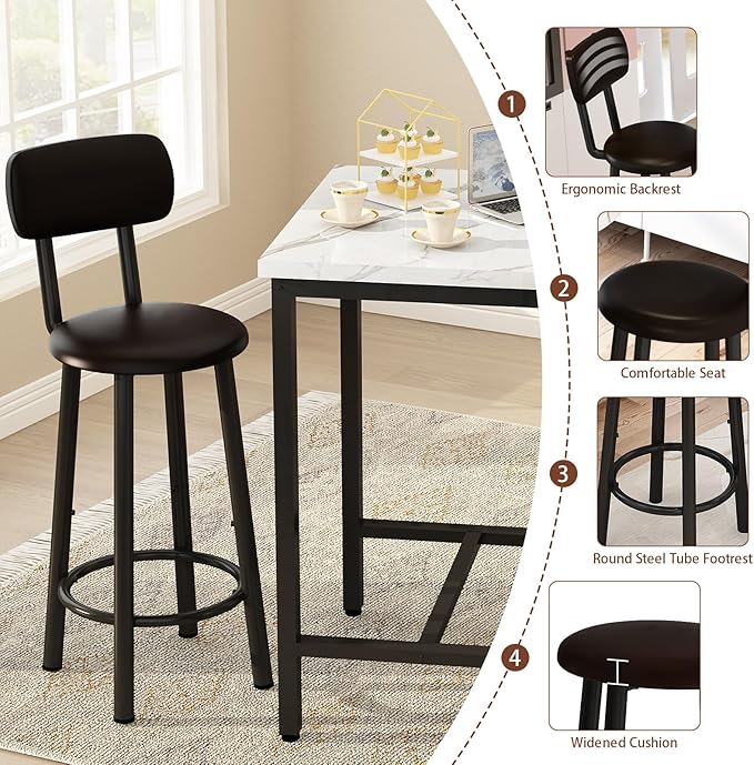 Dining Table Set, 23.6” Square Faux Marble Table with 2 PU Upholstered Backrest Chairs, 3-Piece Kitchen Dining Room Set for Small Spaces, Kitchen, Restaurant Furniture, White