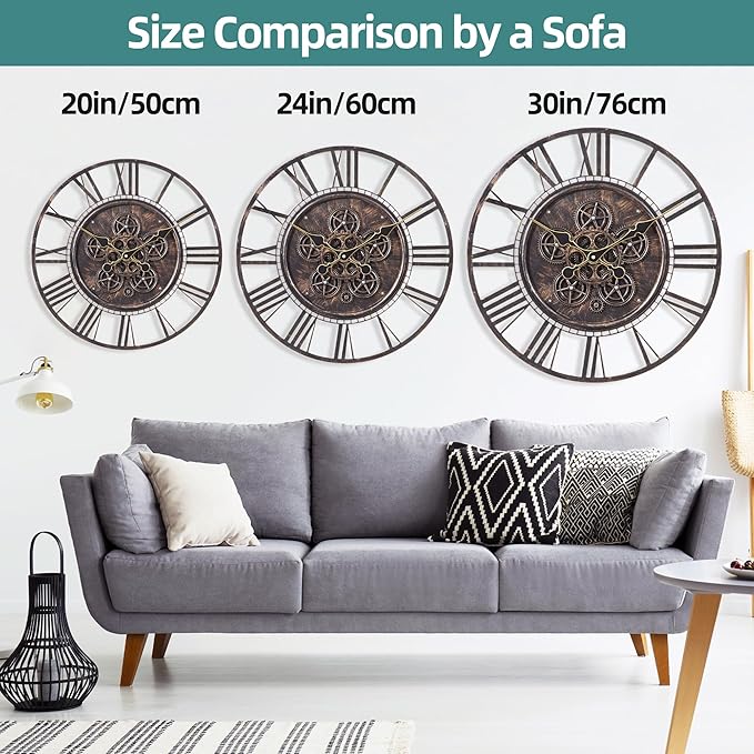 Moving Gear Large Clock Wall 20inch/50cm Copper, Decorative Wall Clocks for Living Room, Unique Farmhouse Steampunk Metal Wall Clock Decor, Office Wall Clocks