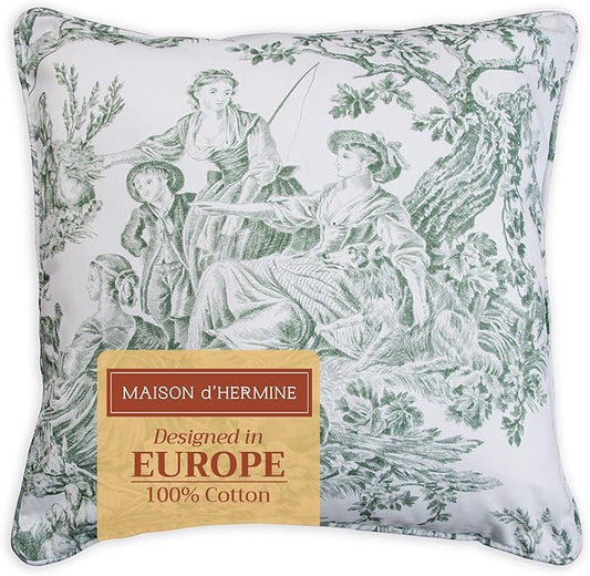Maison d' Hermine Decorative Pillow Covers 20x20 Inch Square 100% Cotton Throw Pillow Covers with Invisible Zipper for Couch, Chair, Sofas, Bedroom, Home (The Miller - Antique Green (White))