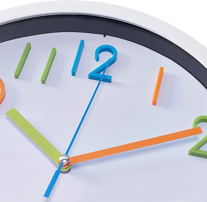 Bernhard Products Colorful Kids Wall Clock 10 Inch Silent Non Ticking Quality Quartz Battery Operated Wall Clocks, Easy to Read 3D Multi Colored Numbers Nursery Classroom Office Kitchen White Frame