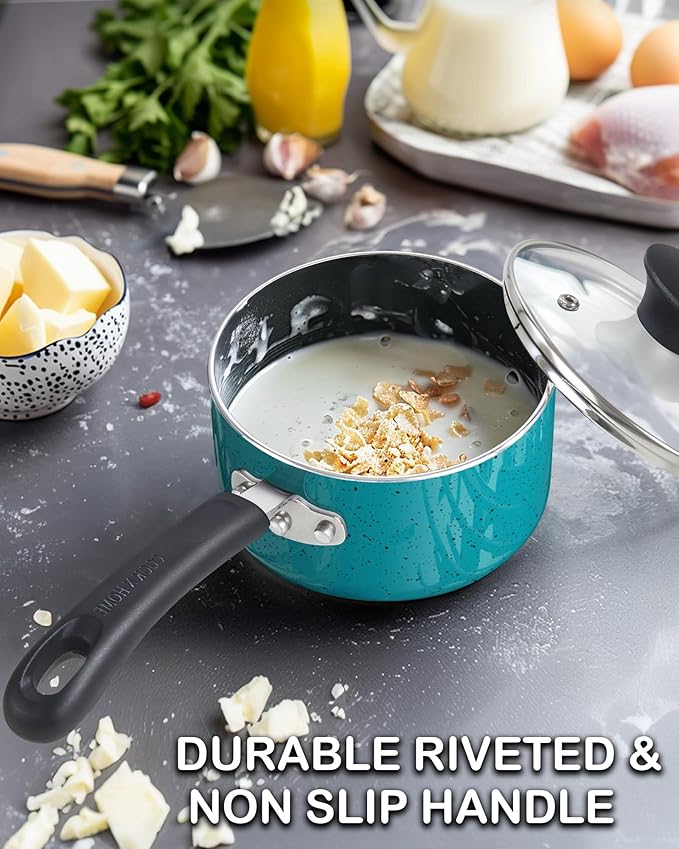 Cook N Home Non Stick Sauce Pan, 3 Quarts Saucepan with Glass Lid, Nonstick Small Multi-purpose Pot, Milk Chocolate Aluminum Cooking Pot Pan with Stay-Cool Handle, Turquoise