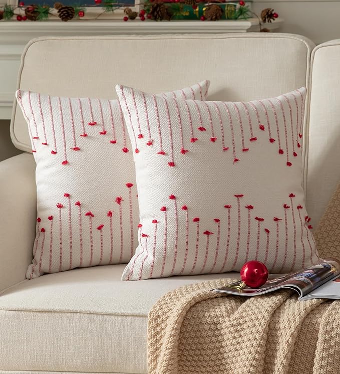 Caflife Boho Christmas Throw Pillow Covers 20x20 Set of 2, Holiday Christmas Decorative Pillow Covers Beige with Red Line for Modern Farmhouse Couch Sofa Bedroom Living Room Outdoor