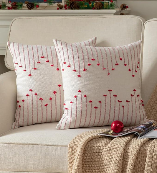 Caflife Boho Christmas Throw Pillow Covers 18x18 Set of 2, Holiday Christmas Decorative Pillow Covers Beige with Red Line for Modern Farmhouse Couch Sofa Bedroom Living Room Outdoor