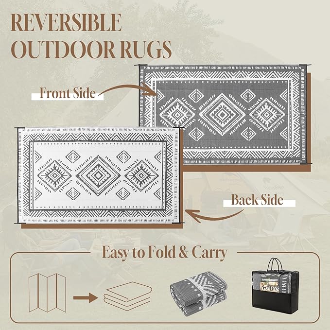 OMERAI Reversible Waterproof Outdoor Rug for Backyard,Plastic Textured Resistant Outdoors Rugs,Portable Washable Easy Cleaning Foldable Camping Beach Carpet for Patio Courtyard, 8'x10' Gray & White