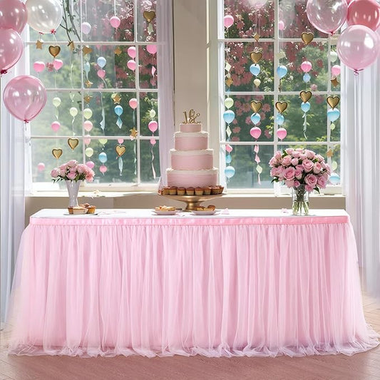 Suppromo 9ft Pink Tulle Table Skirt for Rectangle Tables or Round Tables Tutu Table Cloths for Princess Baby Shower Girl Birthday Party Cake Dessert Decorations(L9(ft)*H 30in, Pink)