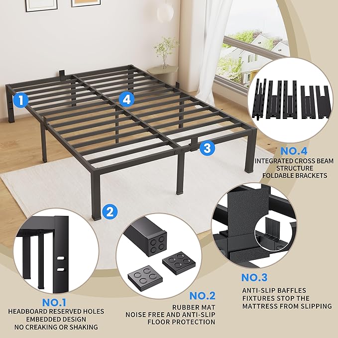 MAF 18 Inch Full Size Bed Frame No Box Spring Needed, Full Bed Frame Metal Heavy Duty Metal Platform Bed Frames Black Steel Slats Support Under-Bed Storage Space