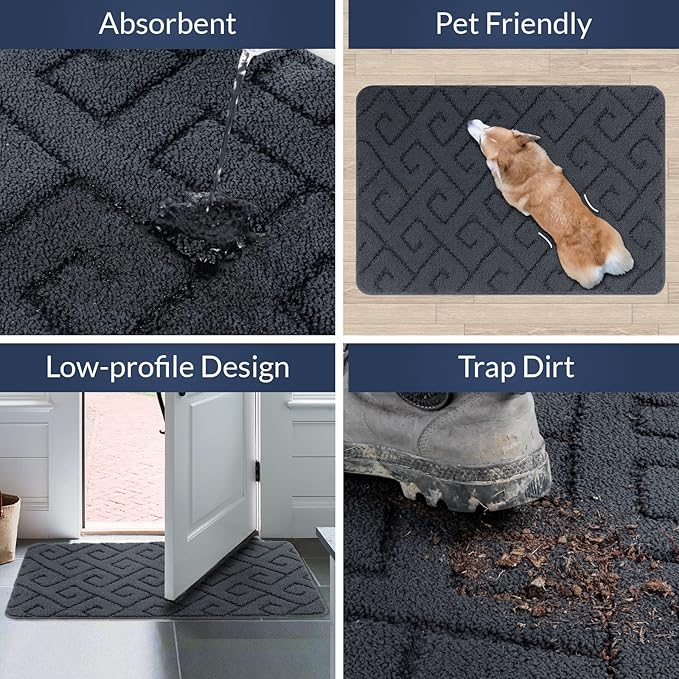 Walensee Indoor Doormat, Front Door Mat for Entrance (24"x35" Grey) Machine Washable Entryway Rug, Non Slip Trapper Door Rugs Absorbent Dirt Low Profile Shoes Scraper Inside Floor Mats for Entry