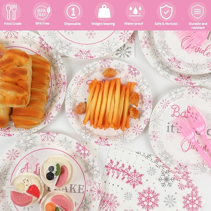 96 Pcs A Little Snowflake is on The Way Party Plates Napkins Tableware Set Winter It’s Cold Outside Supplies Disposable Dinnerware Girl Birthday Party Decoration Favors for Gender Reveal, 24 Guests