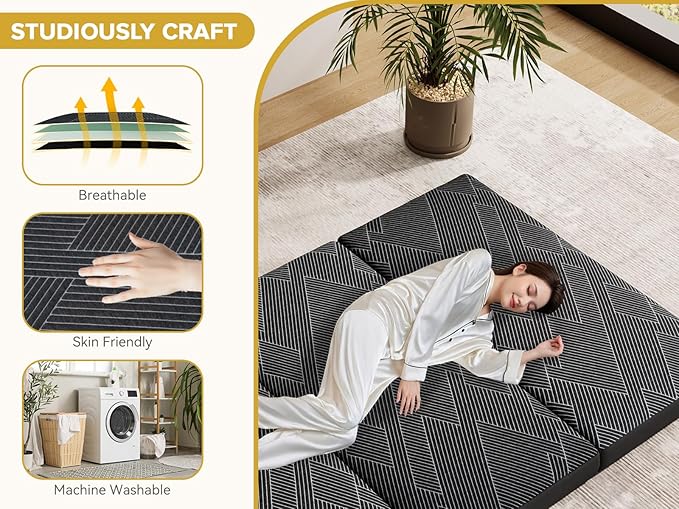 Vamcheer Tri Folding Mattress Twin Size - 6 Inch Foldable Mattress Portable Memory Foam Mat with Handle & Non-Slip Bottom, Washable Cover for Travel RV Camping Guest, 75"x38"x6", Grey