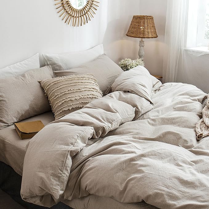 MooMee Bedding Duvet Cover Set 100% Washed Cotton Linen Like Textured Breathable Durable Soft Comfy (Heathered Tannish Linen Grey, Super King Plus 120"x120")