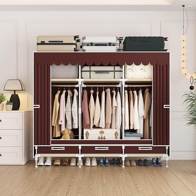 Portable Wardrobe Closet Durable and Easy to Assemble Heavy Duty Clothes Rack with Non-Woven Cover Fabric Best for Bedroom and Easy Storage and Organization (Red-A)