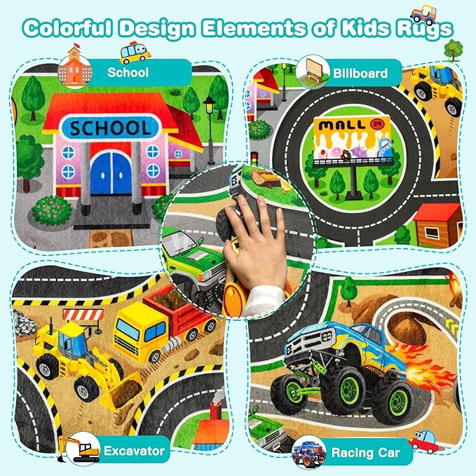 Kids Rug, 5' x 7' FT Non-Slip Monster Truck Play Rug, Extra Thick (0.4in), Educational LearningTraffic Road Car Carpet for Nursery, Classroom, Playroom & Bedroom