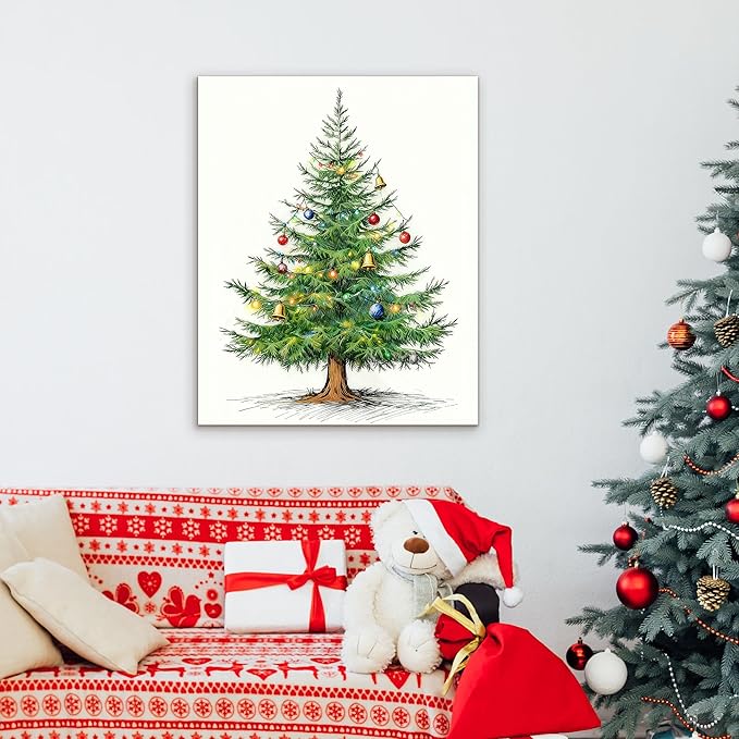 Framed Christmas Pictures Wall Decor,Vintage Pine Tree Prints,Winter Christmas Canvas Wall Art Decoration for Bedroom Bathroom Living Room Rustic Xmas Holiday Gifts (Christmas Tree 4, 11'' X 14'')
