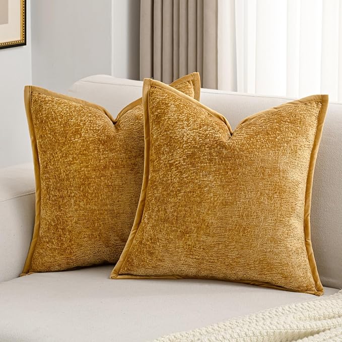 FUTEI Tobacco Chenille Throw Pillow Covers 26x26 Inch Set of 2,Soft Cozy Bound Edge Design Euro Pillow Sham,Home Decor for Couch Bed Living Room