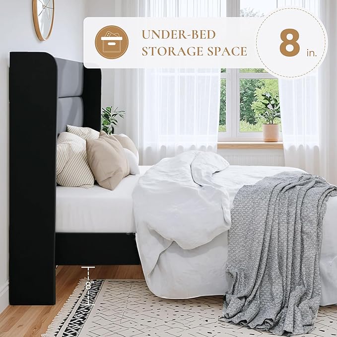 SHA CERLIN Full Size Velvet Bed Frame/Vertical Channel Tufted Wingback Headboard/Upholstered Platform Bed with Wooden Slats/Mattress Foundation/No Box Spring Needed/Easy Assembly/Black