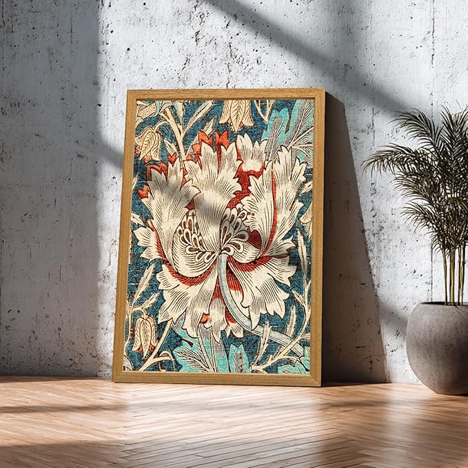 FASWQ Wood Framed William Morris Wall Art, Nouveau Vintage Botanical Wall Decor, Retro Intricate Floral Animal Canvas Painting, Retro Natural Flower Bird Poster Print for Living Room Bedroom 16"x24"x3