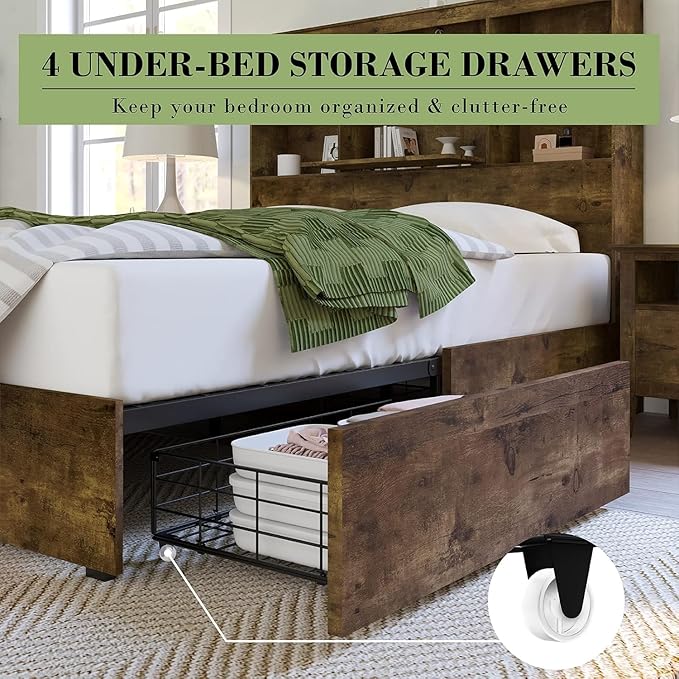 AMERLIFE King Size Bed Frame Wooden Platform Bed with 51.2" Storage LED Bookcase Headboard, Charging Station & 4 Storage Drawers/No Box Spring Needed/Noise Free/Rustic Brown