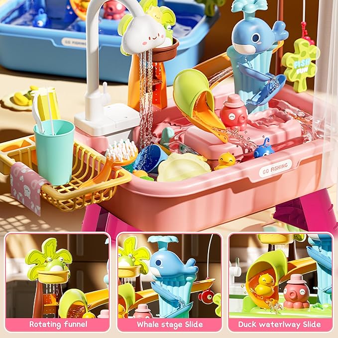 Water Table for Toddlers 1-3, Water Table for Kids Ages 4-8 with Pump, Play Sink with Running Water, Kitchen Sink for Toddlers, Fishing Game and Outside Sensory Toys (Pink)