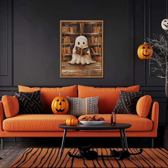 Vintage Framed Ghost Reading Books Canvas Wall Art for Home Office - Halloween Academia Cute Ghost Picture Paintings Prints, Halloween Room Aesthetic Decor for Living Room Bedroom 16x24 inch