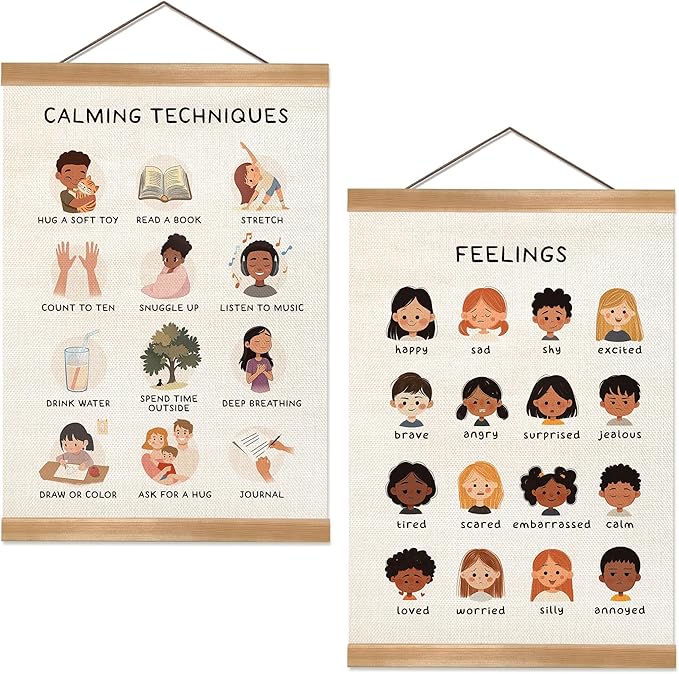 Feelings Chart & Emotional Learning Poster, Hanging Linen Canvas Wall Art with Solid Wood Frame, Montessori Social Skills Poster for Kids, Home & Classroom Decor – 2Piece Set 12x16 Inches (Feelings)