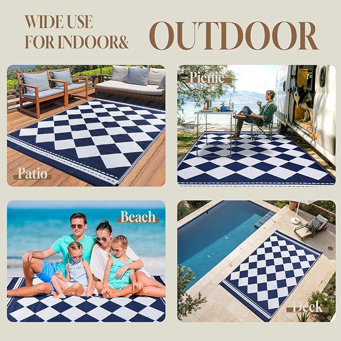OMERAI Reversible Waterproof Outdoor Rug for Backyard,Plastic Textured Resistant Outdoors Rugs,Portable Washable Easy Cleaning Foldable Camping Beach Carpet for Patio Courtyard, 5'x8' Blue & White