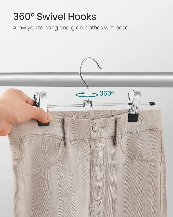 SONGMICS Pants Hangers, Set of 20, 1 Tier Non-Slip Skirt Hangers, Space Saving Pants Organizers, for Closet, Silver and Black UCRI003-20