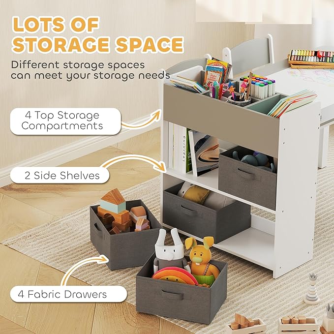 Qaba Kids Art Table & Easel Chair Set with Paper Roll, Toddler Desk and Chairs Set with Storage Shelves and Drawers, Activity Craft and Play Table for Writing Drawing Aged 3-8 Years Old, Gray