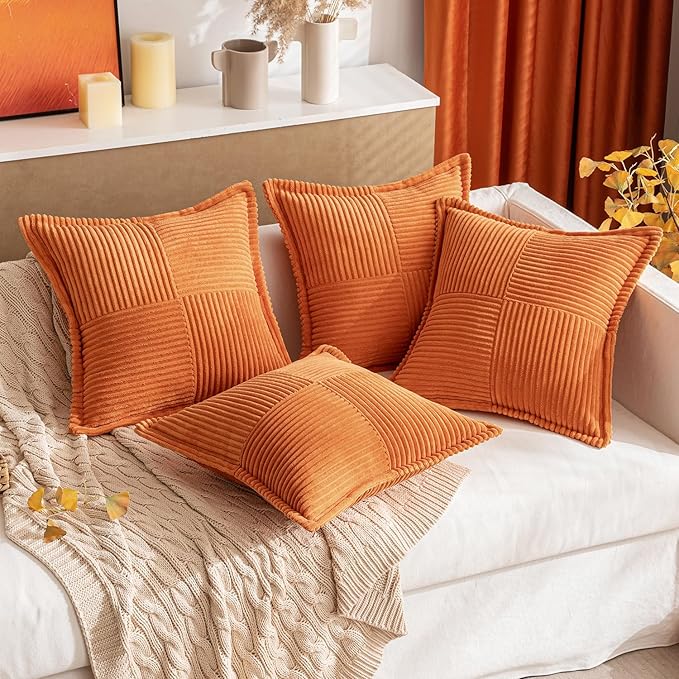 MIULEE Orange Fall Corduroy Decorative Euro Sham Pillow Covers 24x24 Inch with Splicing Set of 2 Soft Boho Pillow Covers Broadside Textured Summer Pillowcases for Couch Bed Livingroom