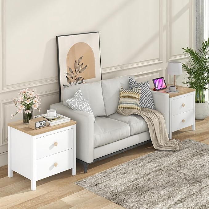 Giantex Night Stand Set of 2, Farmhouse Bedside Table with Cute Round Knobs, Wooden Floor End Table with Rubber Wood Legs, Small Space Kids Bedroom Side Table, White